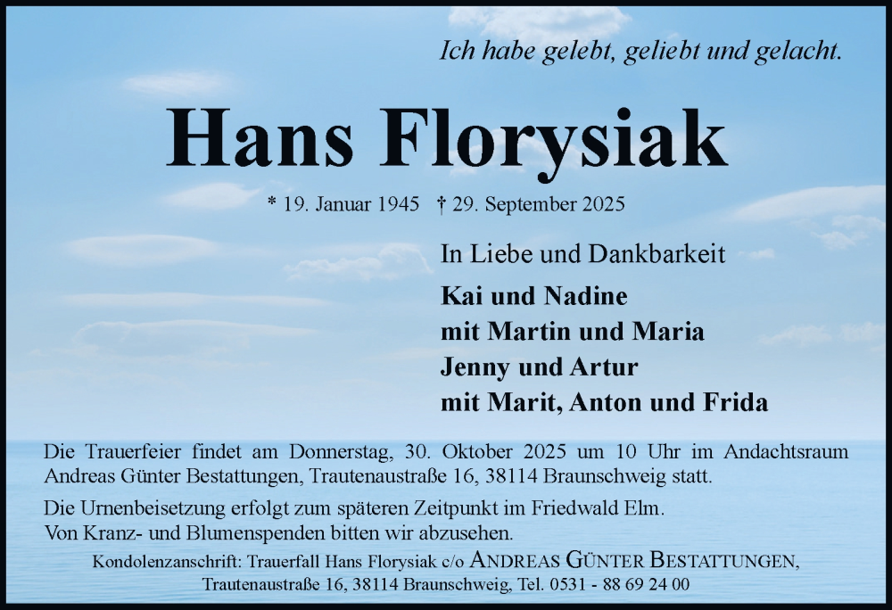  Traueranzeige für Hans Florysiak vom 04.10.2025 aus Braunschweiger Zeitung