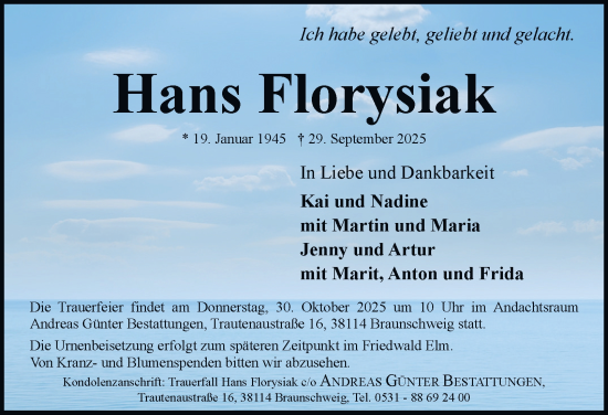 Traueranzeige von Hans Florysiak von Braunschweiger Zeitung