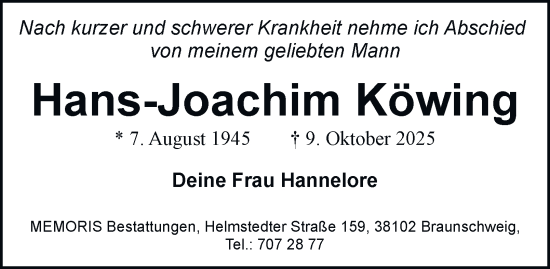 Traueranzeige von Hans-Joachim Köwing von Braunschweiger Zeitung