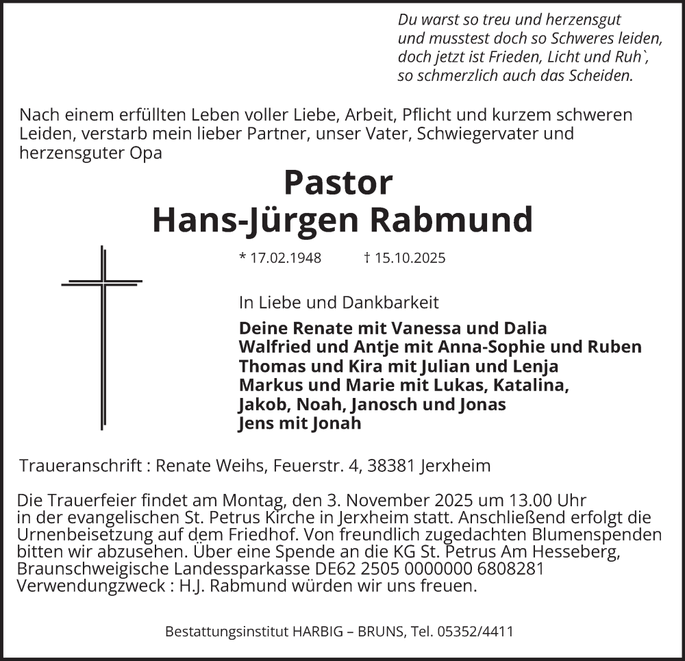  Traueranzeige für Hans-Jürgen Rabmund vom 30.10.2025 aus Helmstedter Nachrichten