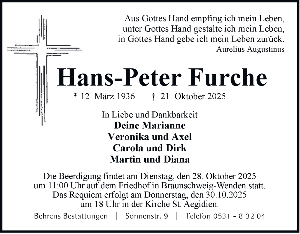  Traueranzeige für Hans-Peter Furche vom 25.10.2025 aus Braunschweiger Zeitung