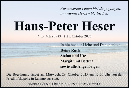 Traueranzeige von Hans-Peter Heser von Braunschweiger Zeitung