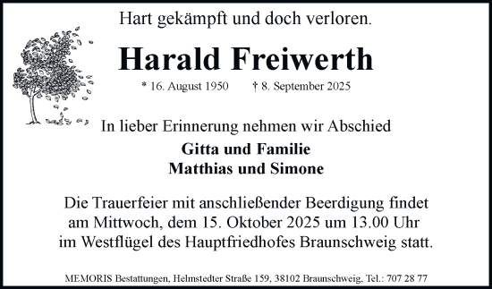 Traueranzeige von Harald Freiwerth von Braunschweiger Zeitung