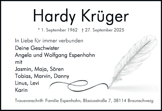 Traueranzeige von Hardy Krüger von Braunschweiger Zeitung