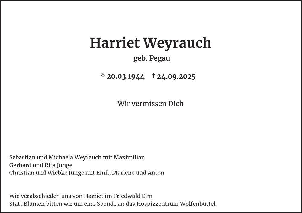 Traueranzeige für Harriet Weyrauch vom 04.10.2025 aus Salzgitter-Zeitung