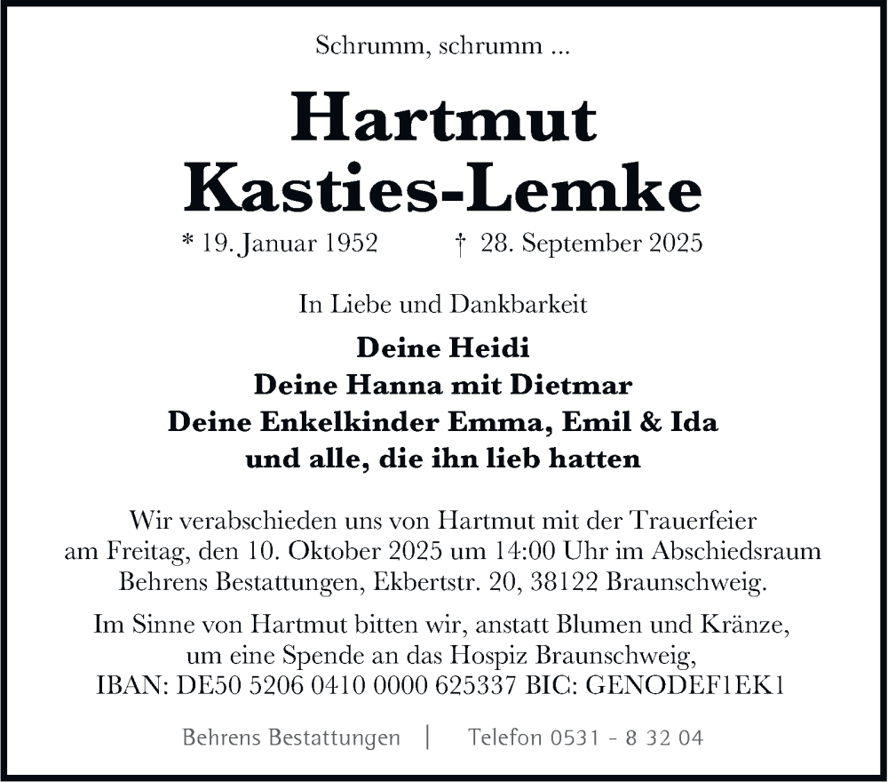  Traueranzeige für Hartmut Kasties-Lemke vom 04.10.2025 aus Braunschweiger Zeitung