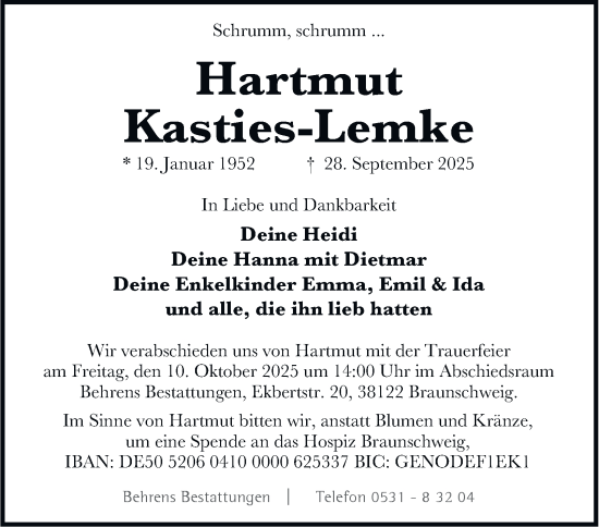 Traueranzeige von Hartmut Kasties-Lemke von Braunschweiger Zeitung