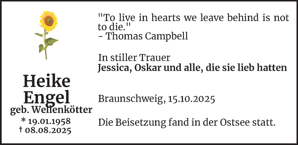  Traueranzeige für Heike Engel vom 18.10.2025 aus Braunschweiger Zeitung