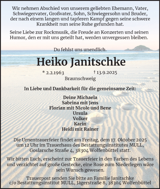 Traueranzeige von Heiko Janitschke von Braunschweiger Zeitung