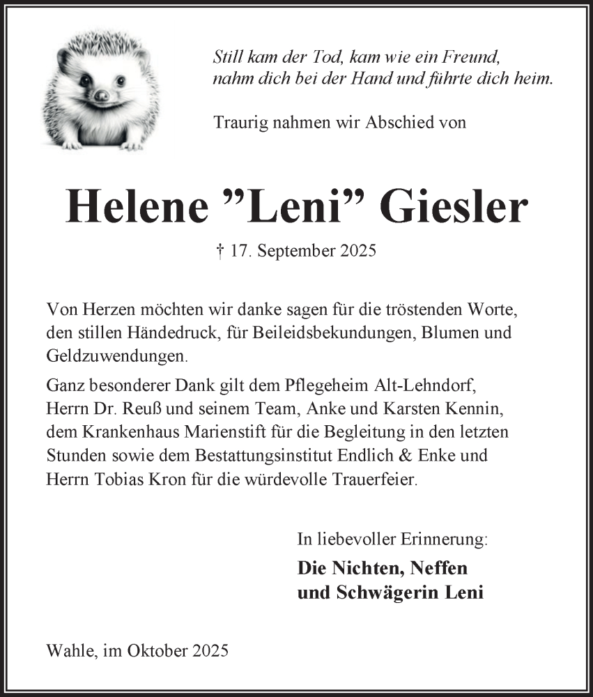  Traueranzeige für Helene Giesler vom 25.10.2025 aus Peiner Nachrichten