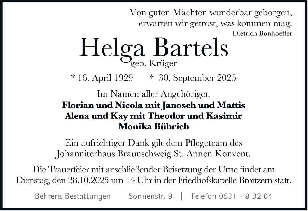  Traueranzeige für Helga Bartels vom 11.10.2025 aus Braunschweiger Zeitung