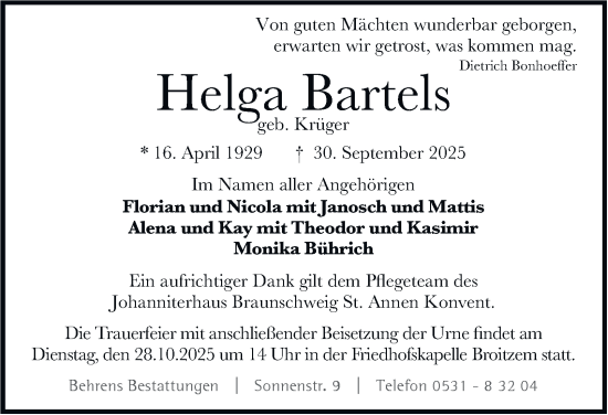 Traueranzeige von Helga Bartels von Braunschweiger Zeitung