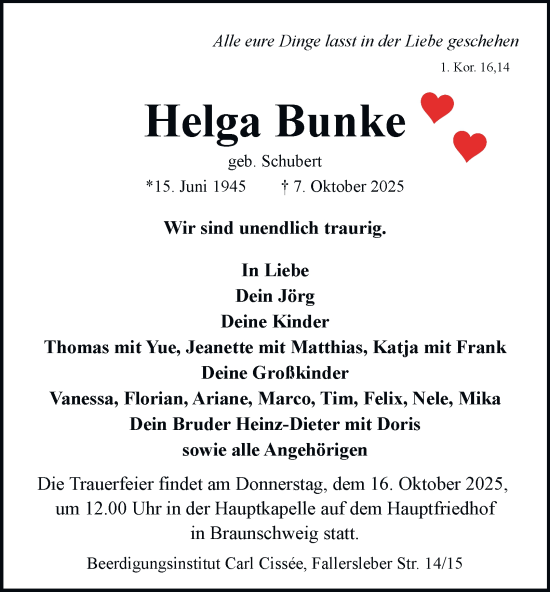 Traueranzeige von Helga Bunke von Braunschweiger Zeitung