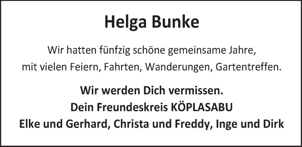  Traueranzeige für Helga Bunke vom 11.10.2025 aus Braunschweiger Zeitung