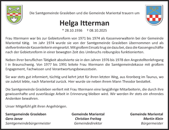 Traueranzeige von Helga Itterman von Helmstedter Nachrichten
