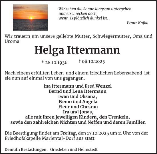 Traueranzeige von Helga Ittermann von Helmstedter Nachrichten