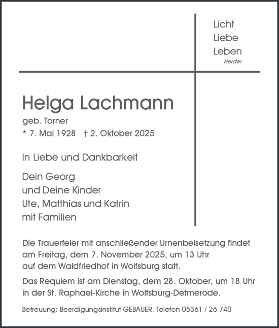 Traueranzeige von Helga Lachmann von Braunschweiger Zeitung, Wolfsburger Nachrichten