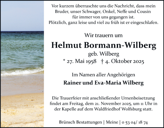 Traueranzeige von Helmut Bormann-Wilberg von Braunschweiger Zeitung, Wolfsburger Nachrichten