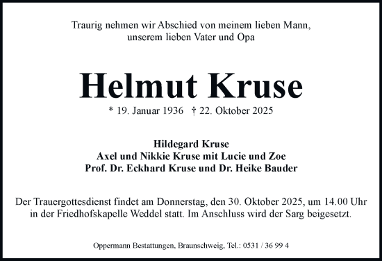 Traueranzeige von Helmut Kruse von Braunschweiger Zeitung
