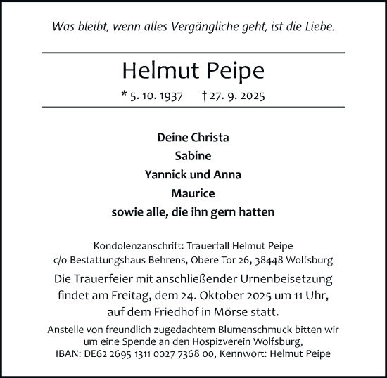 Traueranzeige von Helmut Peipe von Braunschweiger Zeitung, Wolfsburger Nachrichten
