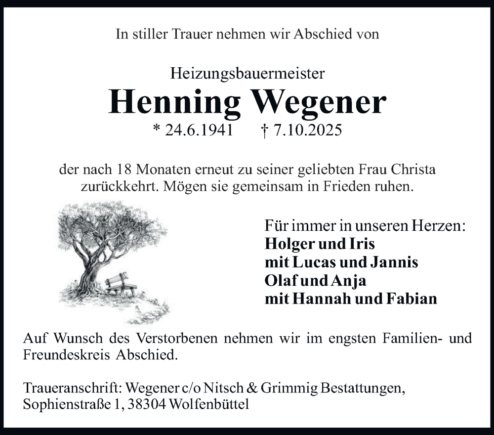  Traueranzeige für Henning Wegener vom 28.10.2025 aus Braunschweiger Zeitung