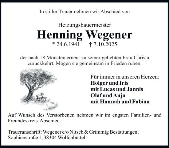 Traueranzeige von Henning Wegener von Braunschweiger Zeitung