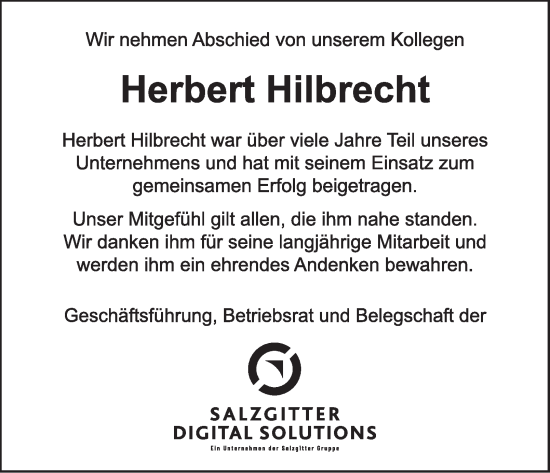 Traueranzeige von Herbert Hilbrecht von Braunschweiger Zeitung