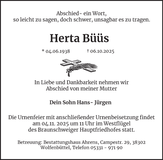 Traueranzeige von Herta Büüs von Wolfenbütteler Zeitung