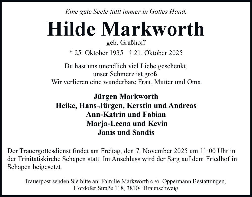  Traueranzeige für Hilde Markworth vom 25.10.2025 aus Braunschweiger Zeitung
