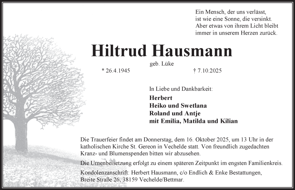  Traueranzeige für Hiltrud Hausmann vom 11.10.2025 aus Braunschweiger Zeitung