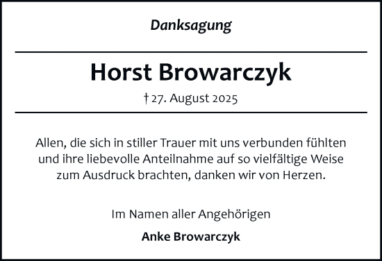 Traueranzeige von Horst Browarczyk von Braunschweiger Zeitung, Wolfsburger Nachrichten