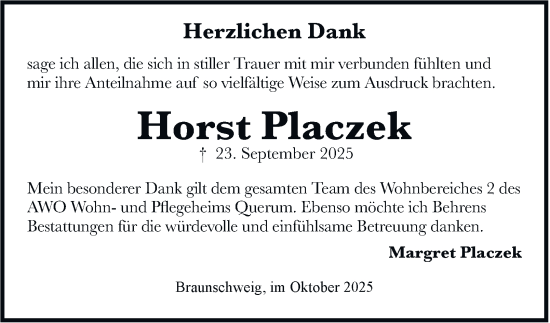 Traueranzeige von Horst Placzek von Braunschweiger Zeitung