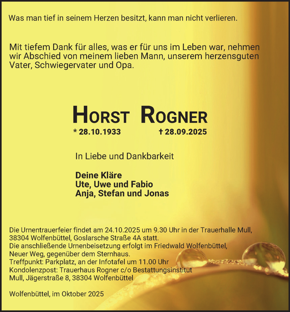  Traueranzeige für Horst Rogner vom 18.10.2025 aus Wolfenbütteler Zeitung