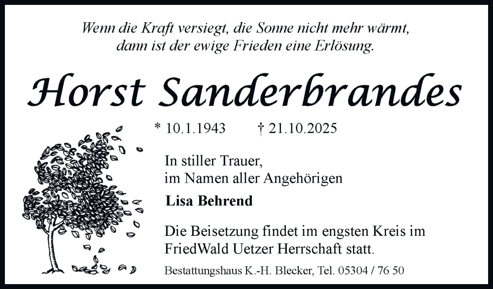  Traueranzeige für Horst Sanderbrandes vom 25.10.2025 aus Braunschweiger Zeitung