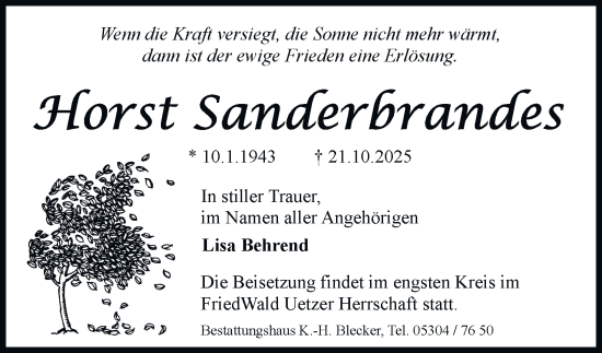 Traueranzeige von Horst Sanderbrandes von Braunschweiger Zeitung