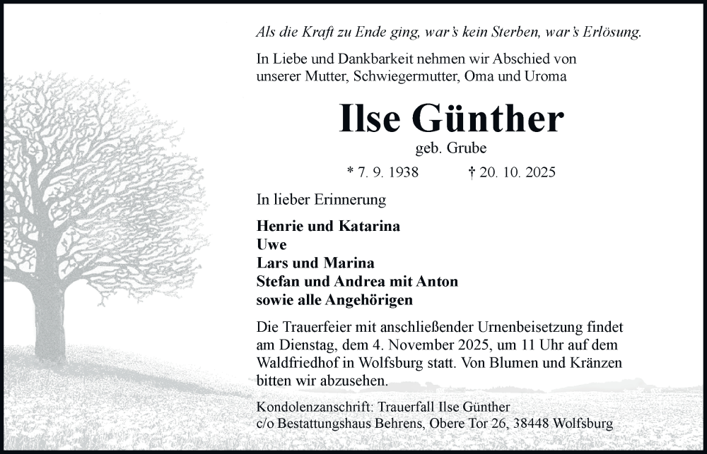  Traueranzeige für Ilse Günther vom 25.10.2025 aus Braunschweiger Zeitung, Wolfsburger Nachrichten