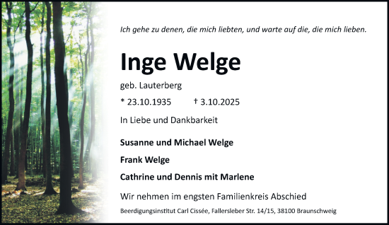 Traueranzeige von Inge Welge von Peiner Nachrichten