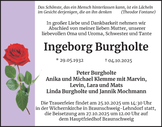Traueranzeige von Ingeborg Burgholte von Braunschweiger Zeitung