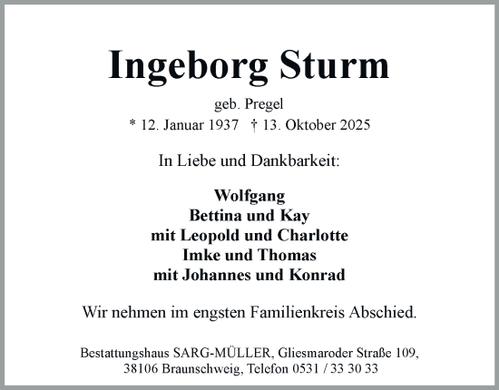 Traueranzeige von Ingeborg Sturm von Braunschweiger Zeitung