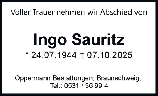 Traueranzeige von Ingo Sauritz von Braunschweiger Zeitung