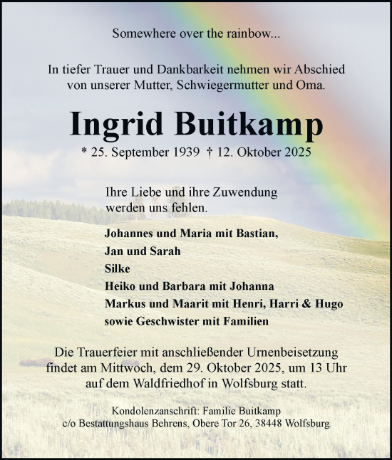 Traueranzeige von Ingrid Buitkamp von Braunschweiger Zeitung, Wolfsburger Nachrichten