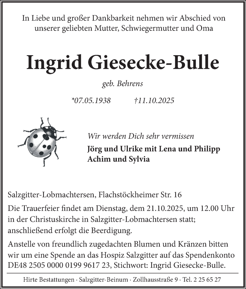  Traueranzeige für Ingrid Giesecke-Bulle vom 18.10.2025 aus Salzgitter-Zeitung, Wolfenbütteler Zeitung