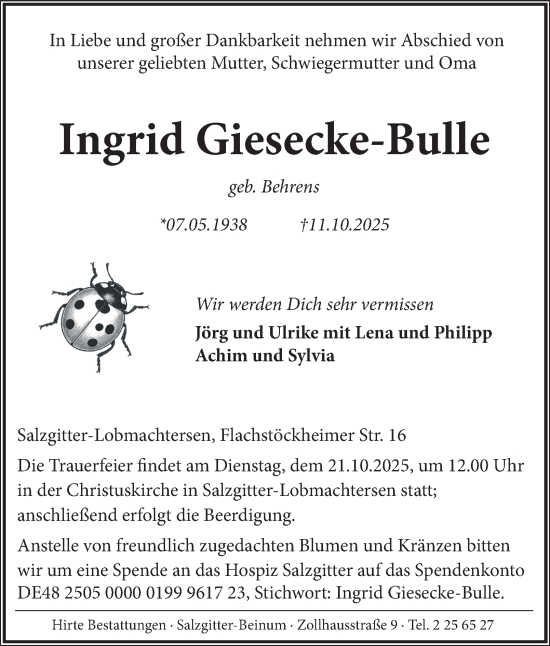 Traueranzeige von Ingrid Giesecke-Bulle von Salzgitter-Zeitung, Wolfenbütteler Zeitung
