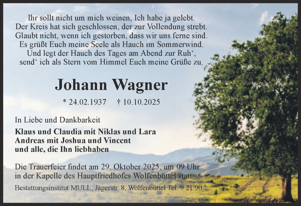  Traueranzeige für Johann Wagner vom 25.10.2025 aus Braunschweiger Zeitung