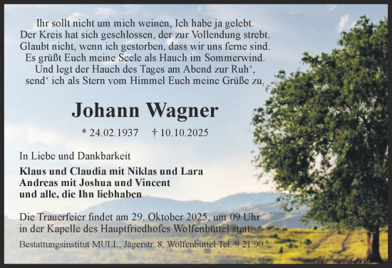 Traueranzeige von Johann Wagner von Braunschweiger Zeitung