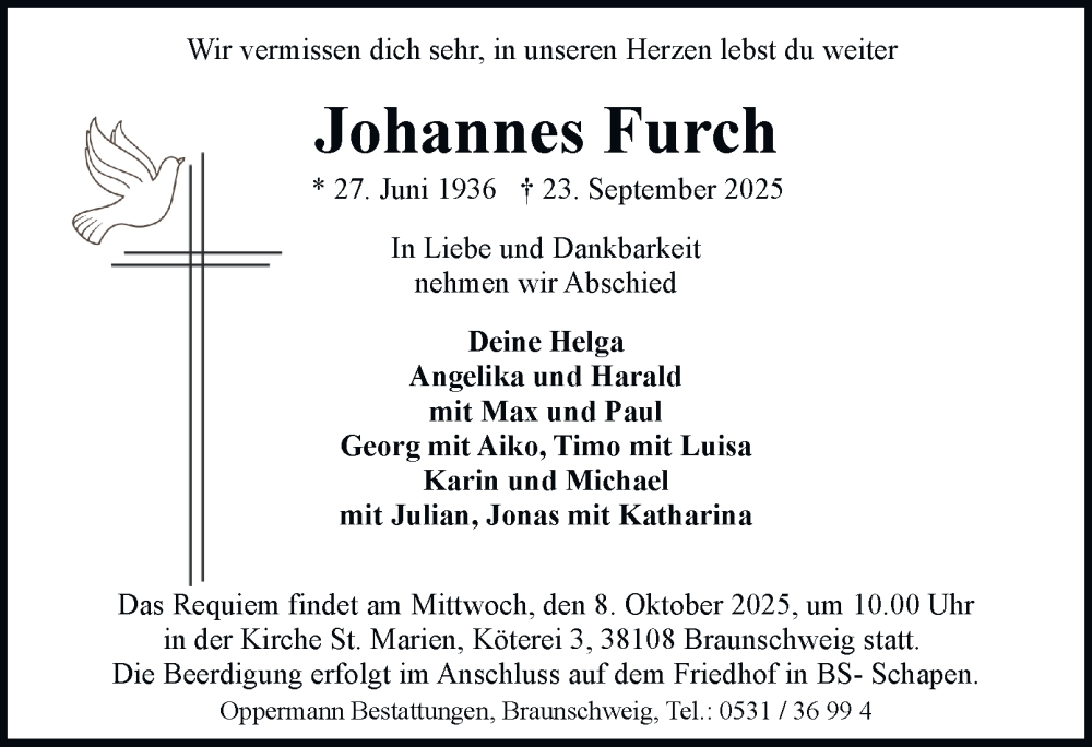  Traueranzeige für Johannes Furch vom 04.10.2025 aus Braunschweiger Zeitung