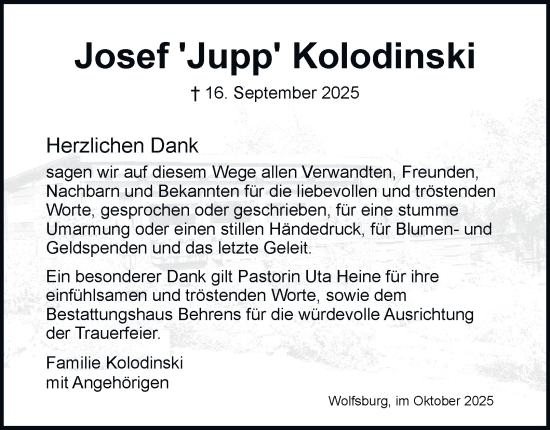 Traueranzeige von Josef Kolodinski von Braunschweiger Zeitung, Wolfsburger Nachrichten