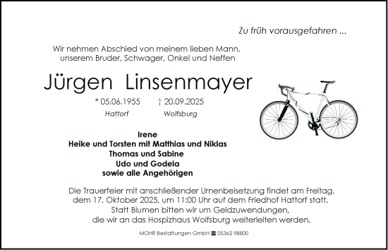 Traueranzeige von Jürgen Linsenmayer von Braunschweiger Zeitung, Wolfsburger Nachrichten