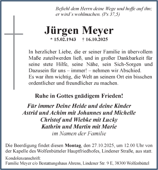 Traueranzeige von Jürgen Meyer von Wolfenbütteler Zeitung