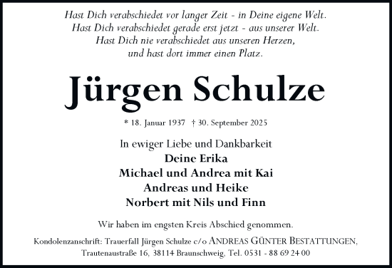 Traueranzeige von Jürgen Schulze von Braunschweiger Zeitung